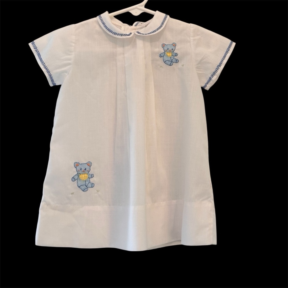 Vintage Imperial Infant Boy's White Diaper Dress with Appliqued Teddy Bears Blue